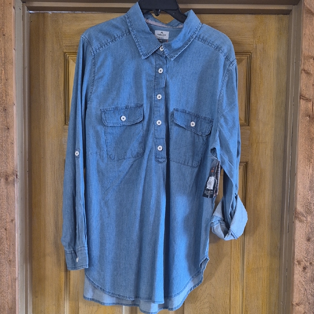 Casual Blue Button-Down Half Way Long Sleeve Shirt XL Toughwear Western Farm